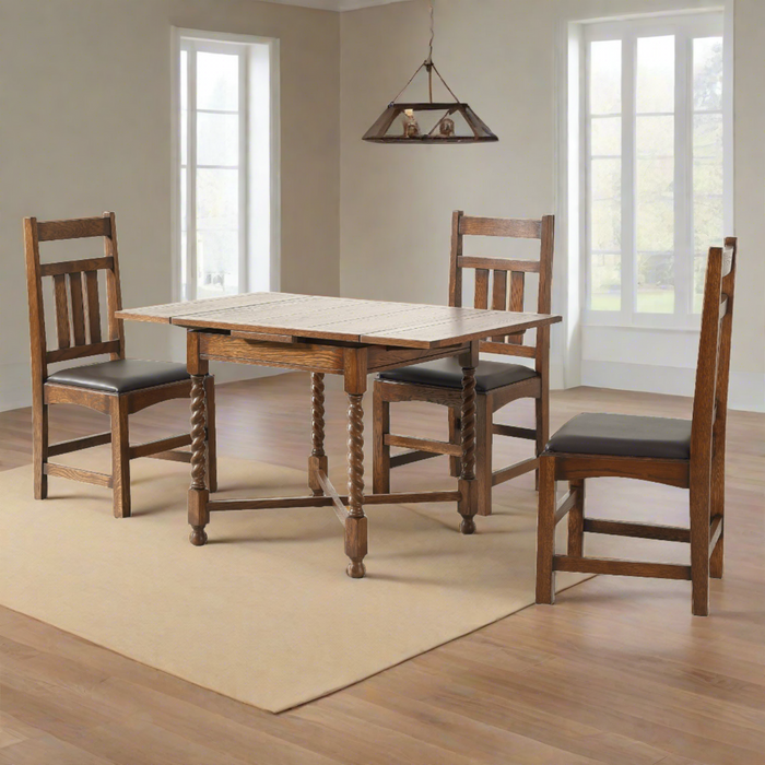 Mission Oak Barley Twist Dining Table with 2 Leaves and Oak Dining Chairs