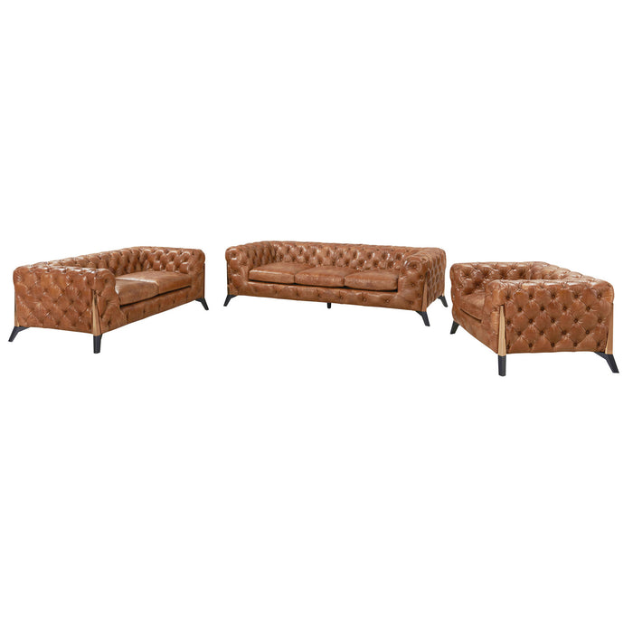 PREORDER Olivia Contemporary Tufted Chesterfield Arm Chair - Light Brown Leather - Crafters and Weavers