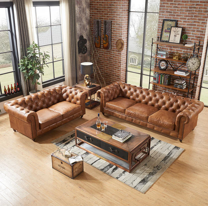 Century Chesterfield Love Seat - Light Brown Leather