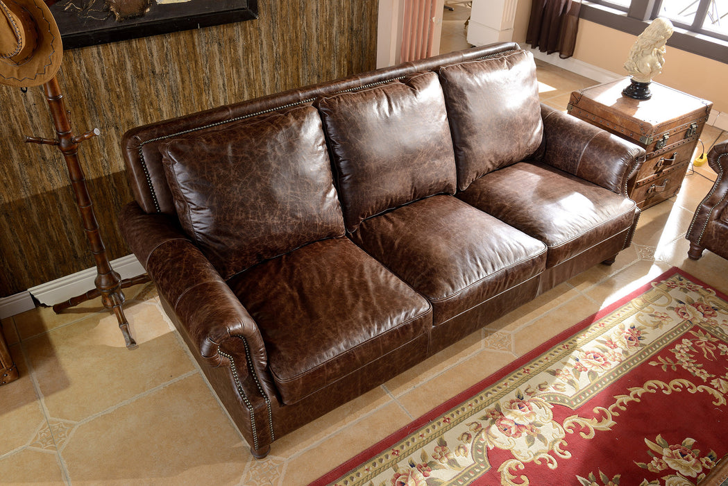 English Rolled Arm Sofa - Dark Brown Leather - Crafters and Weavers