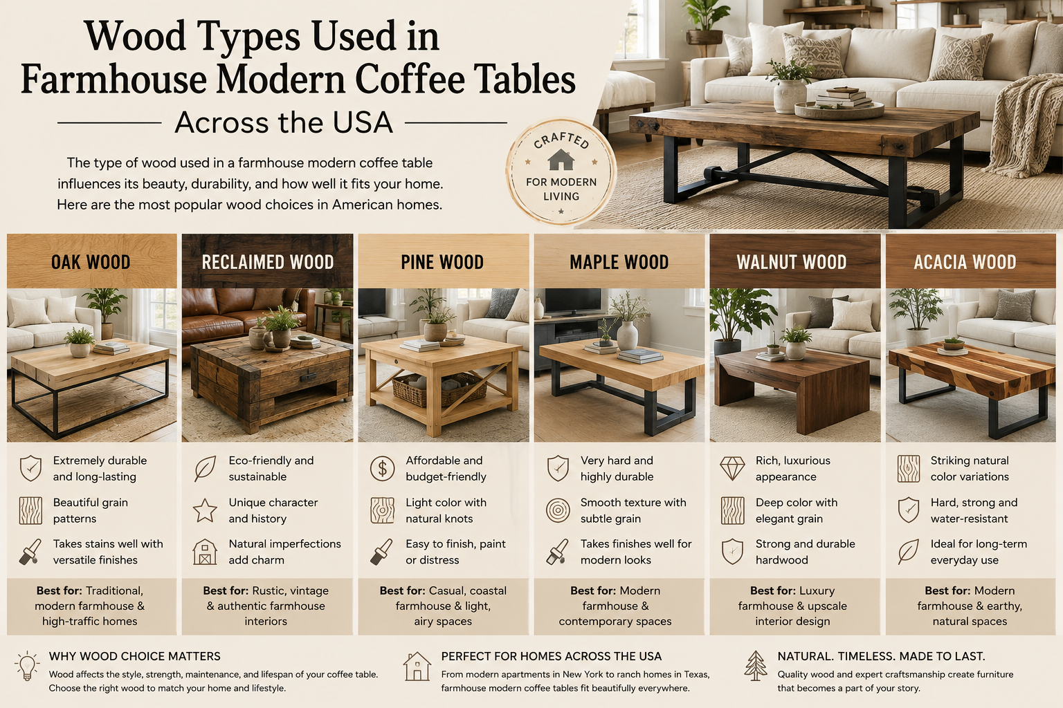 Wood Types Used in Farmhouse Modern Coffee Tables Across the USA