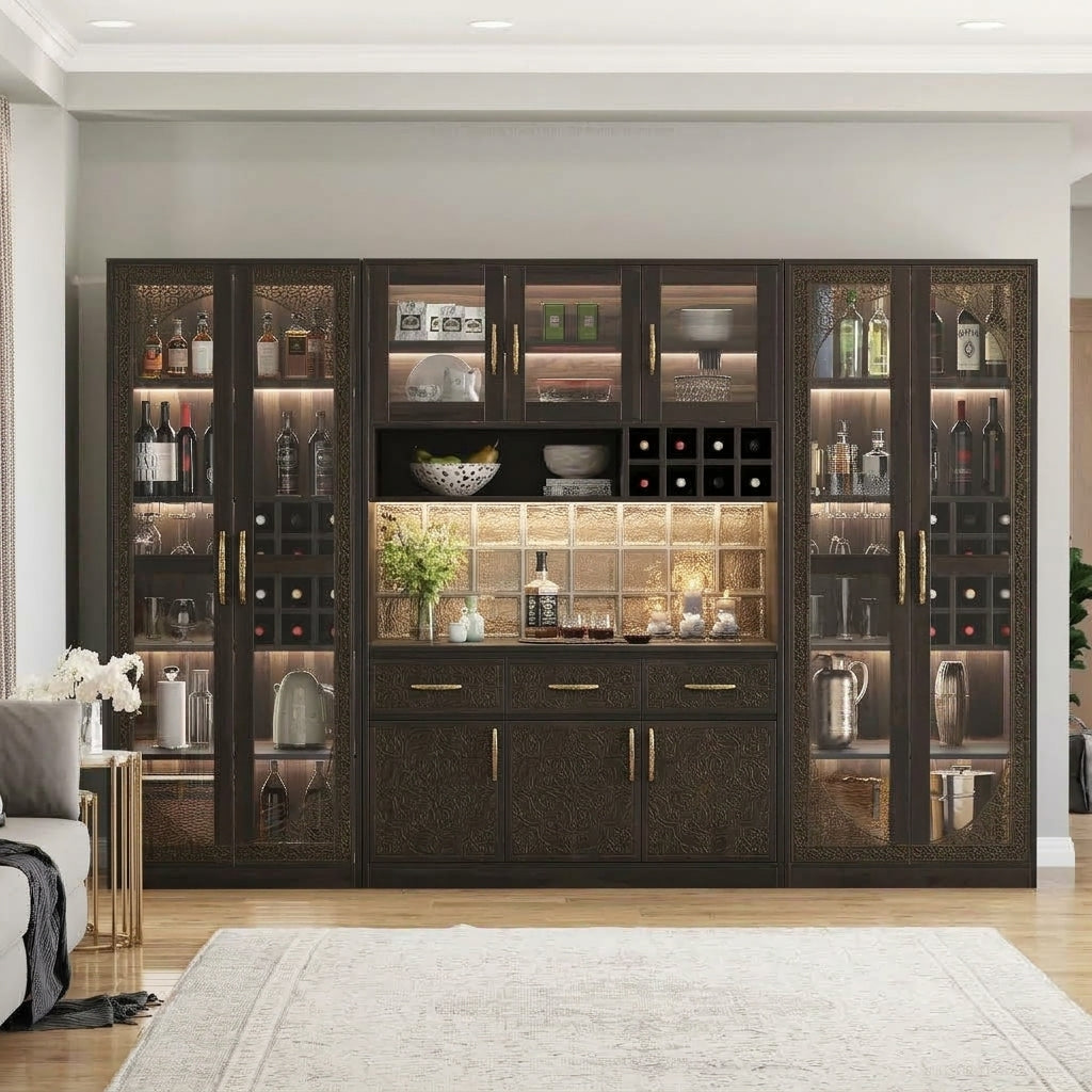 Solid Wood Bar Cabinet with Glass Door and Entertaining Guide
