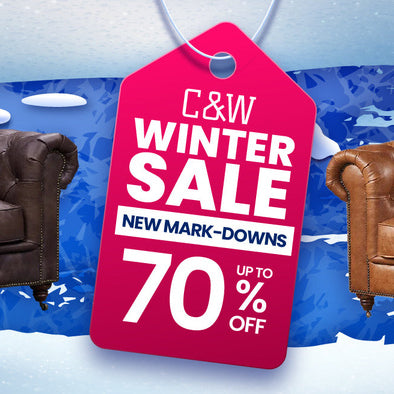 Elegant leather sofa and solid wood furniture from Crafters & Weavers Winter Sale, offering up to 70% off and free shipping in the USA