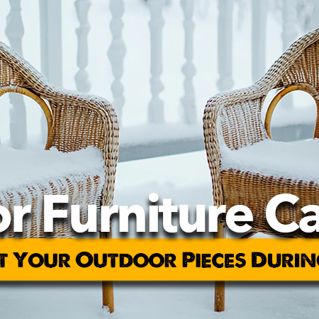 Two wicker chairs on a snowy porch with text overlay: Outdoor Furniture Care Tips - How to Protect Your Outdoor Pieces During Cold Months.