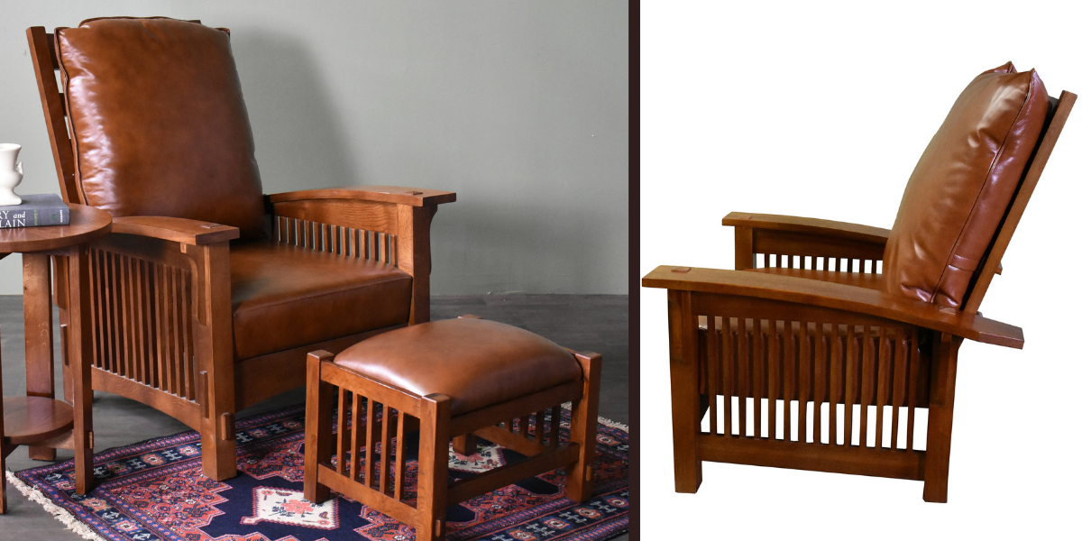 Mission Style Solid Oak Morris Chairs and Foot Stools