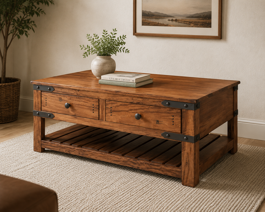 Parota Solid Wood Coffee Table - Wrought Iron Belt Accents on Legs