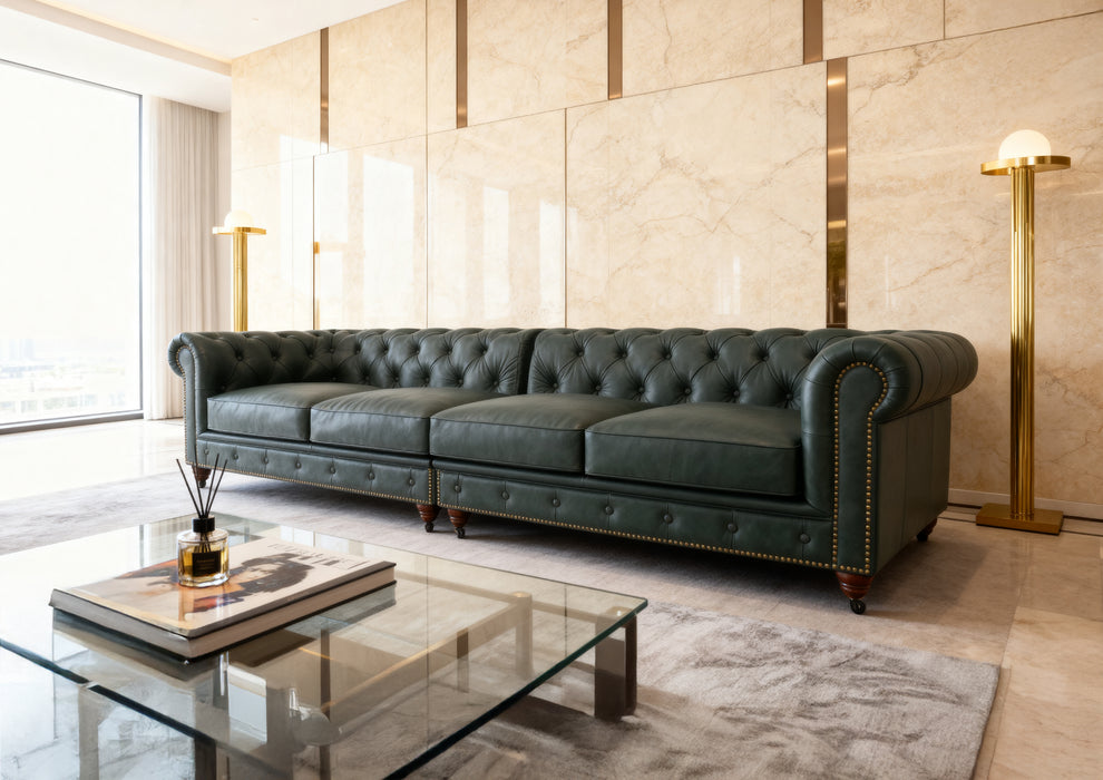 Belgravia Chesterfield Top Grain Leather Sofa with Tufted Back & Rolled Arms