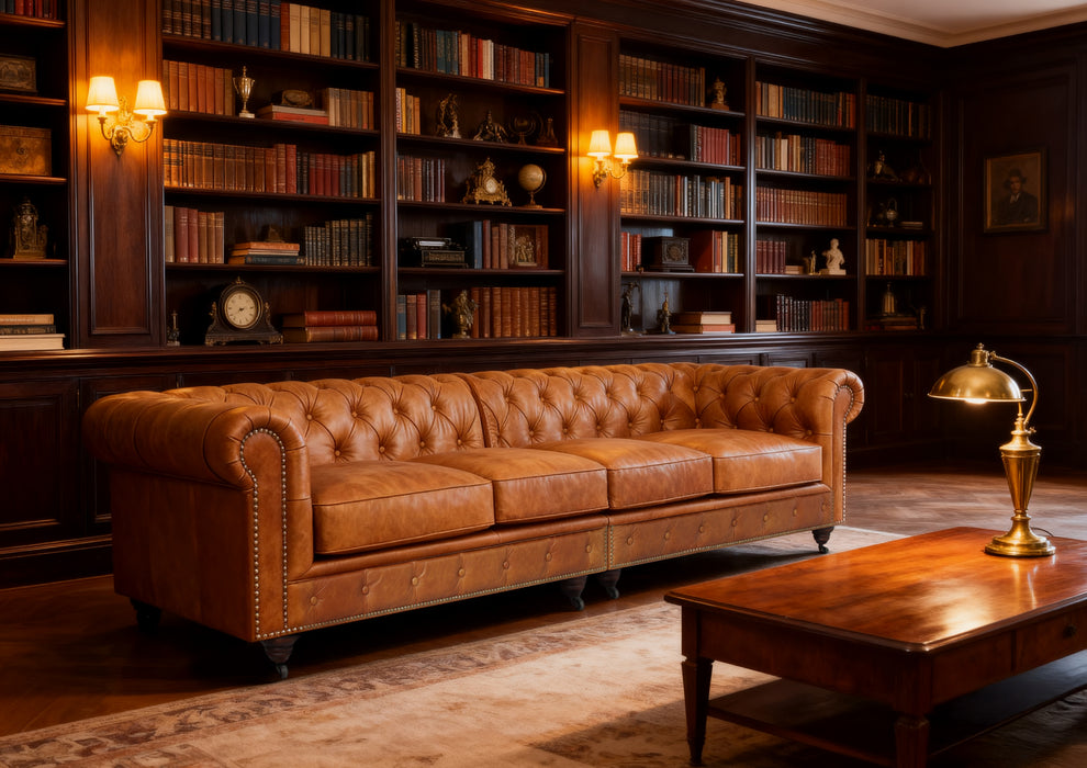 Belgravia Chesterfield Top Grain Leather Sofa with Tufted Back & Rolled Arms