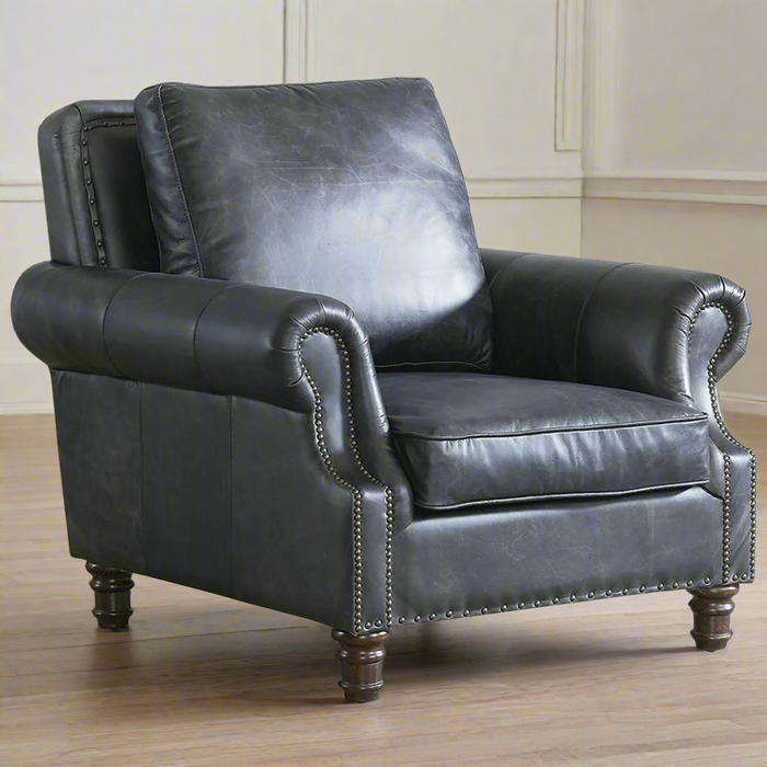 English Rolled Arm - Arm Chair - Slate Leather
