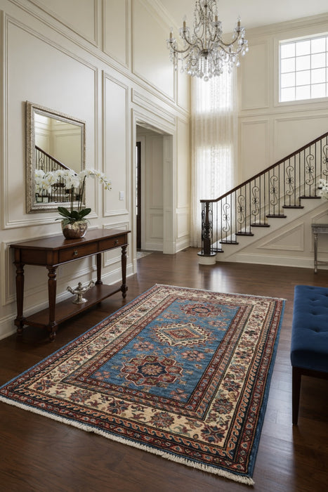Hand-Knotted Vegetable Dye Kazak Rug from Pakistan, size 3' 6" x 4' 7"