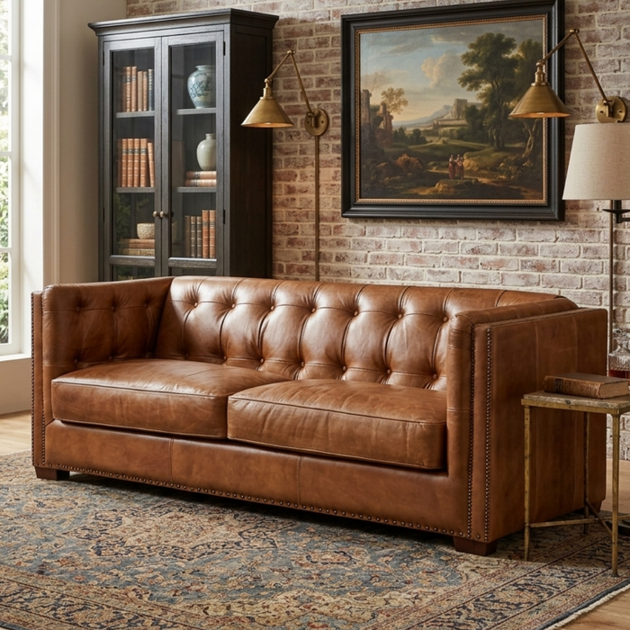 Tuxedo Leather Sofa - Light Brown