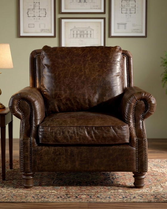 English Rolled Arm - Arm Chair - Dark Brown Leather