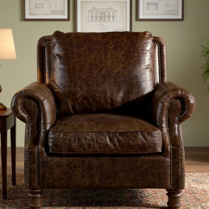 English Rolled Arm - Arm Chair - Dark Brown Leather