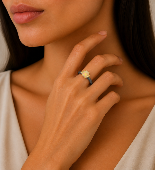 Sterling Silver Ring, Decorated with Ethiopian Opal, Plated with 3 Micron 22K Yellow Gold and Grey Ruthenium