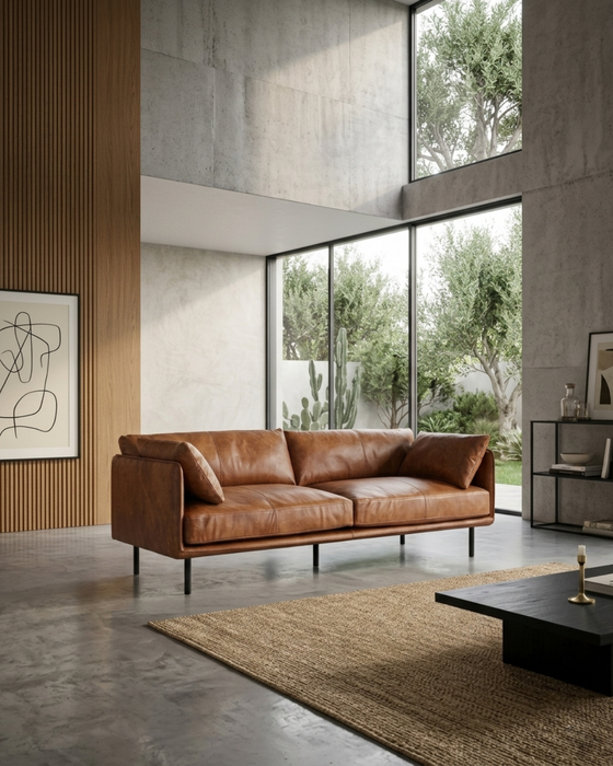 Venezia Industrial Modern Leather Sofa - Light Brown Leather