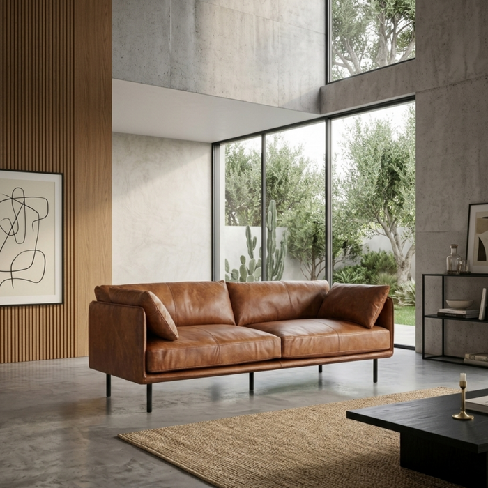 Venezia Industrial Modern Leather Sofa - Light Brown Leather