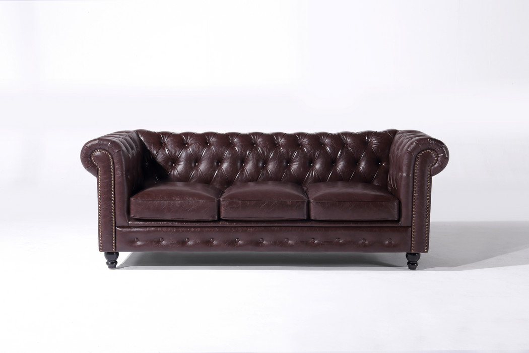 Sebstian Transitional Chesterfield Leather Sofa - Dark Brown