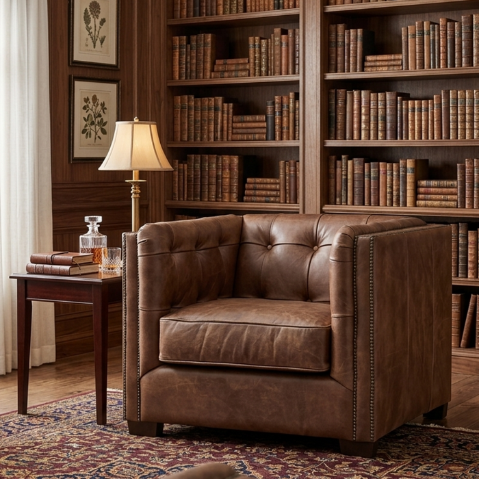Tuxedo Leather Arm Chair - Bark Brown