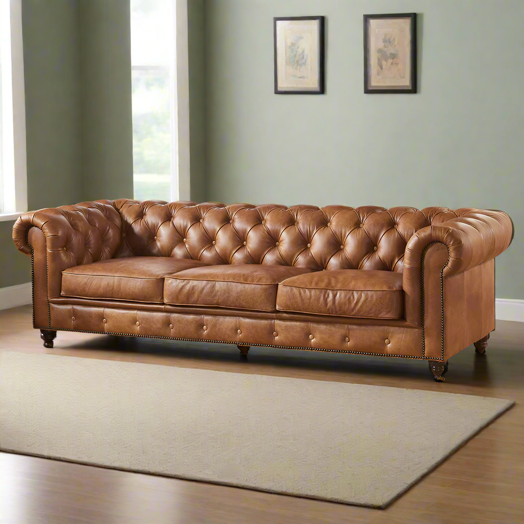 Buy Century Chesterfield Sofa Light Brown Leather Online in USA