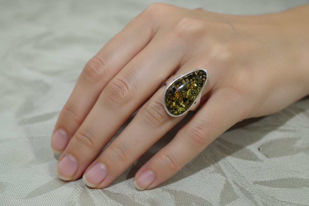 SS Green Amber Ring