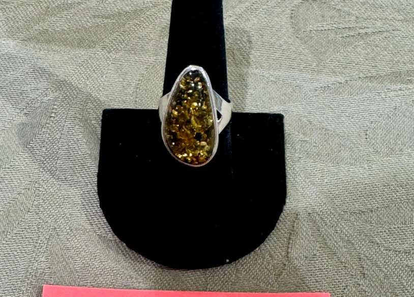 SS Green Amber Ring