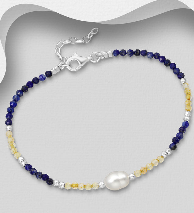 Sterling Silver Bracelet with Freshwater Pearls & Gemstone Beads -  7 - 8"