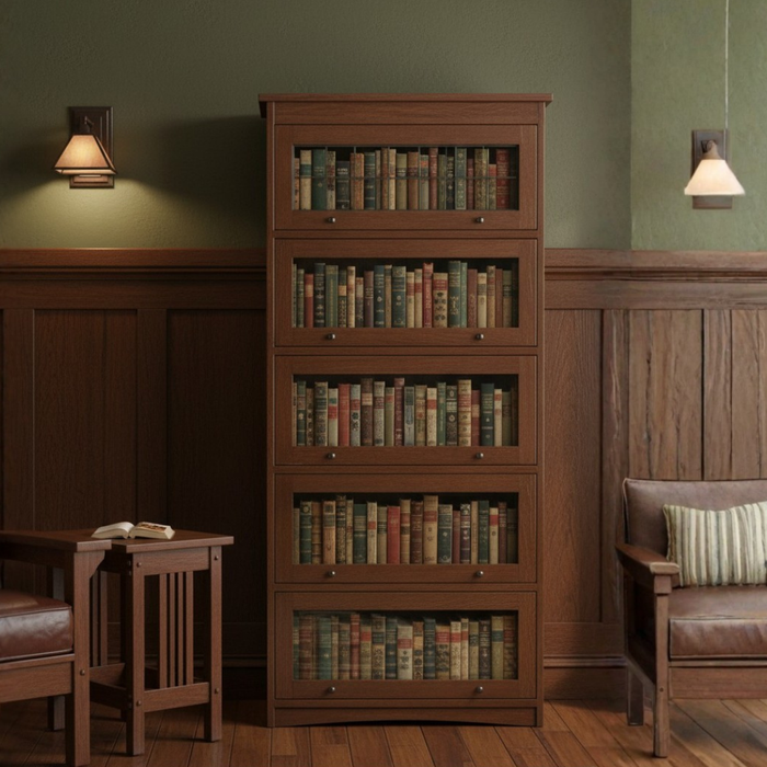 (Walnut Only) Mission Craftsman Style Oak Barrister Bookcase - 5 Stack