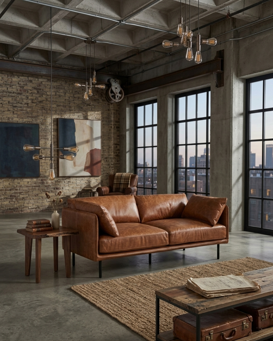 Venezia Industrial Modern Love Seat - Light Brown Leather