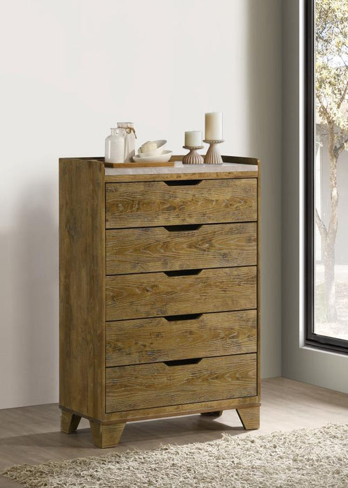Soren Medium Oak 5-Drawer Storage Chest with Faux Marble Top