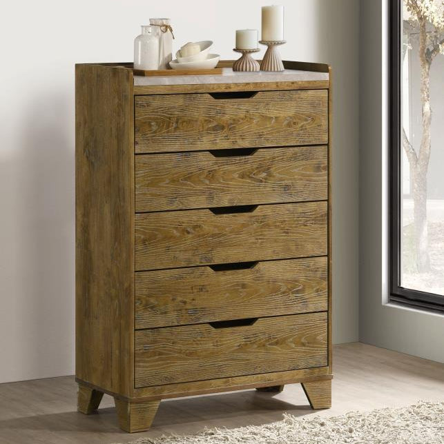 Soren Medium Oak 5-Drawer Storage Chest with Faux Marble Top