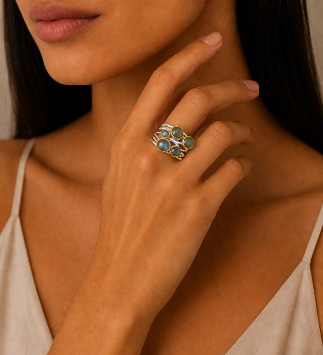 Sterling Silver Ring, Decorated with Labradorite, Plated with 0.3 Micron 18K Yellow Gold