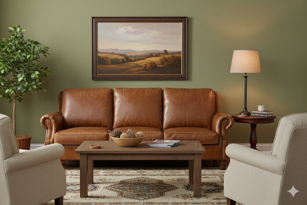 English Rolled Arm Sofa - Light Brown Leather