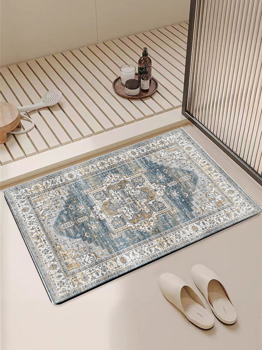 Decorative bath mat with intricate patterns in a bathroom setting.