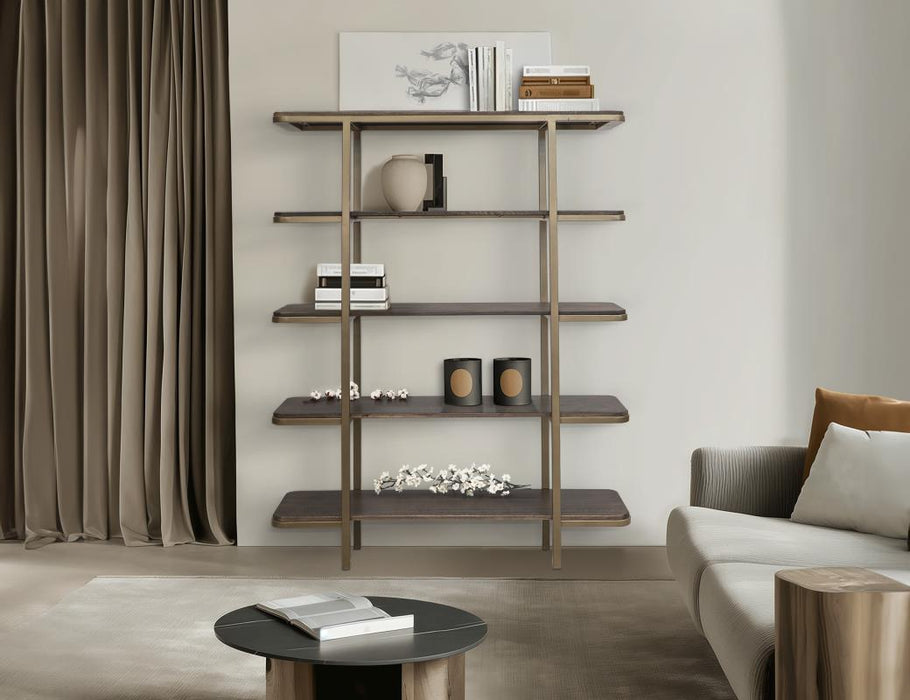 Orvik Modern Luxe Bookcase – Cocoa Brown Shelves & Gold Frame