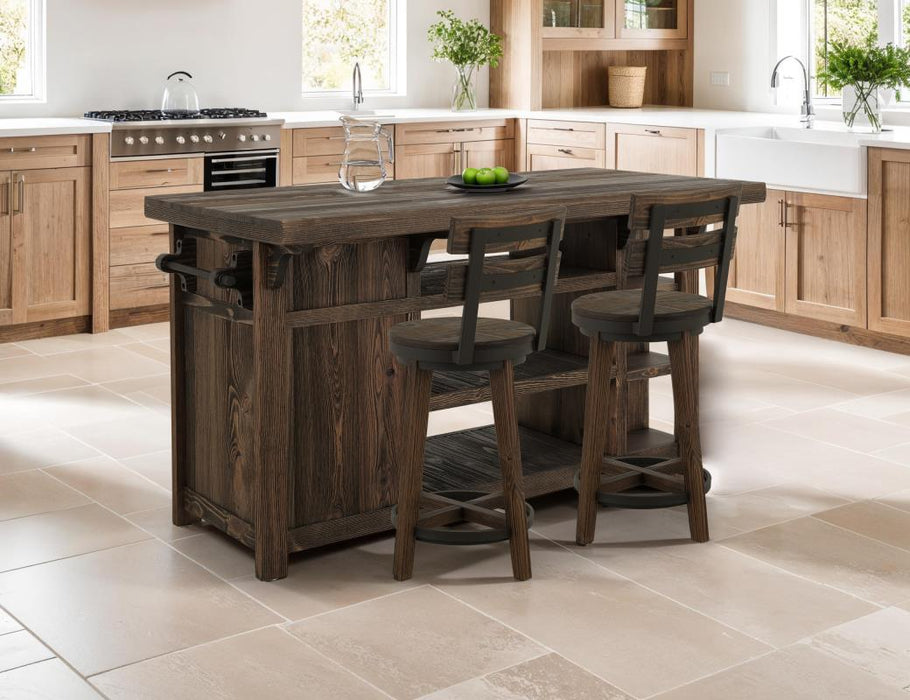 Freya Mixed Wood Kitchen Island and Stool Set – Rustic Brown