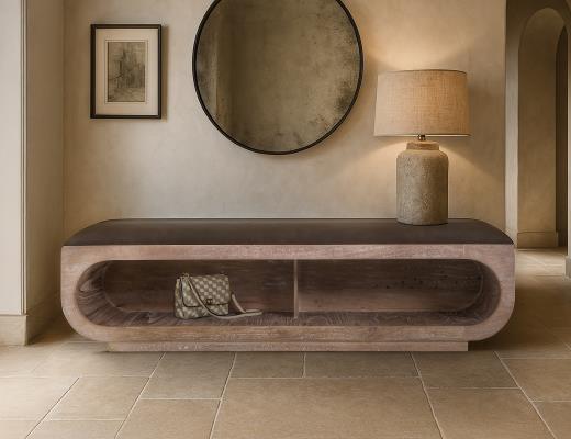 Balam, Wooden bench with a cushioned seat and open storage underneath
