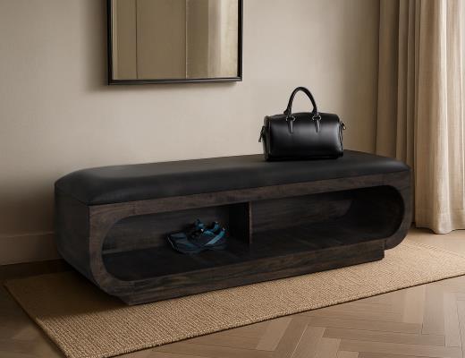Balam, Wooden bench with a cushioned seat and open storage underneath