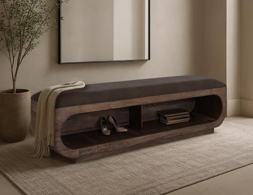 Balam, Wooden bench with a cushioned seat and open storage underneath