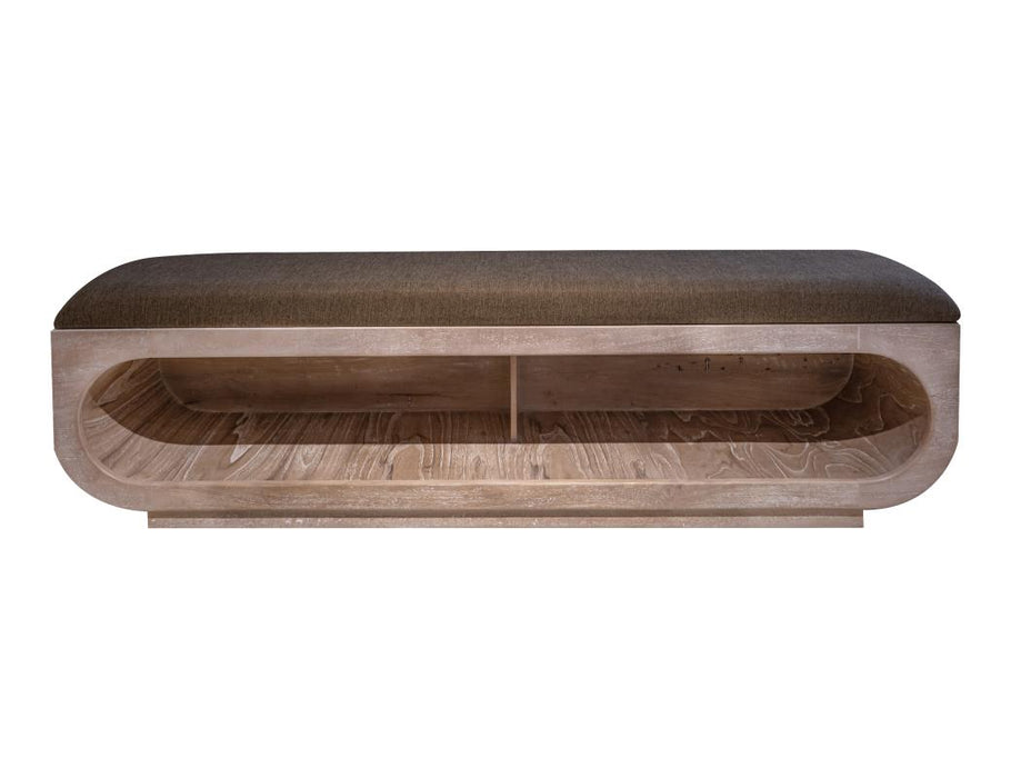 Balam, Wooden bench with a cushioned seat and open storage underneath.