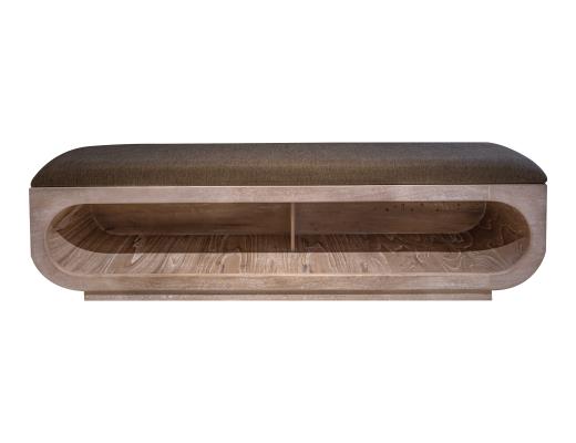 Balam, Wooden bench with a cushioned seat and open storage underneath.