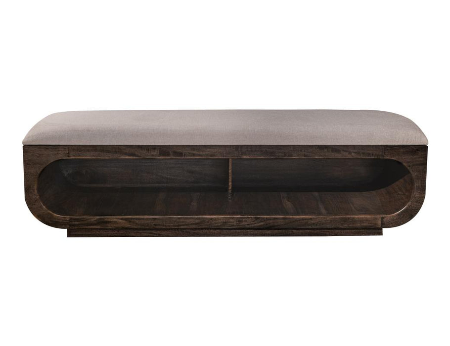 Balam, Wooden bench with a cushioned seat and open storage underneath.