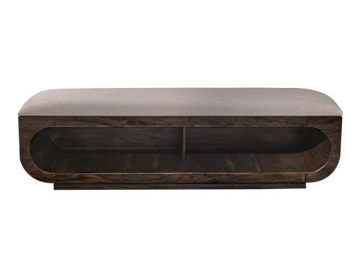 Balam, Wooden bench with a cushioned seat and open storage underneath.