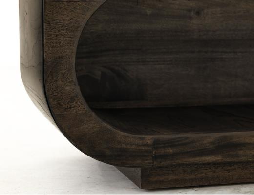 Balam, Wooden bench with a cushioned seat and open storage underneath.