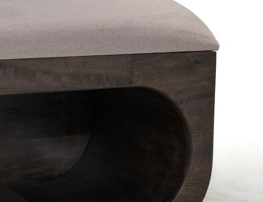 Balam, Wooden bench with a cushioned seat and open storage underneath.