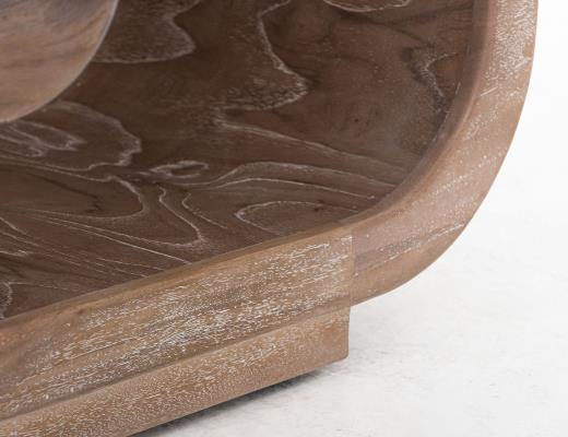 Balam, Wooden bench with a cushioned seat and open storage underneath.