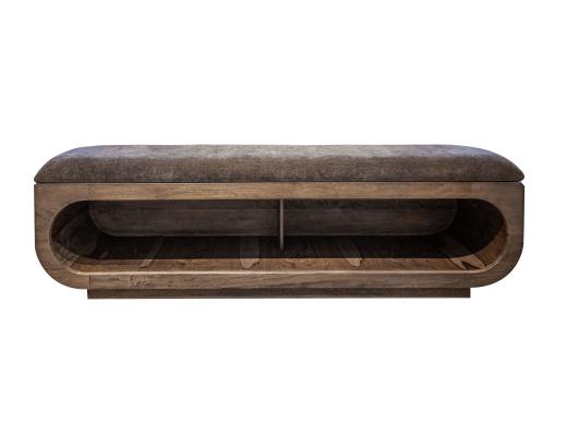 Balam, Wooden bench with a cushioned seat and open storage underneath.