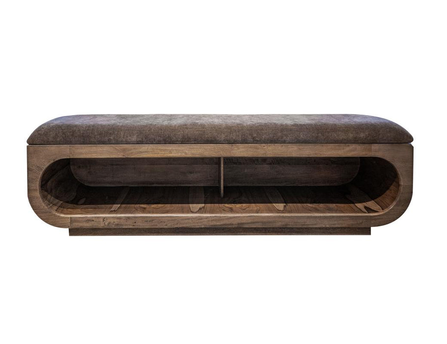 Balam, Wooden bench with a cushioned seat and open storage underneath.