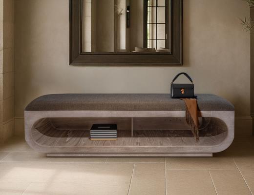 Balam, Wooden bench with a cushioned seat and open storage underneath.