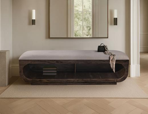 Balam, Wooden bench with a cushioned seat and open storage underneath.