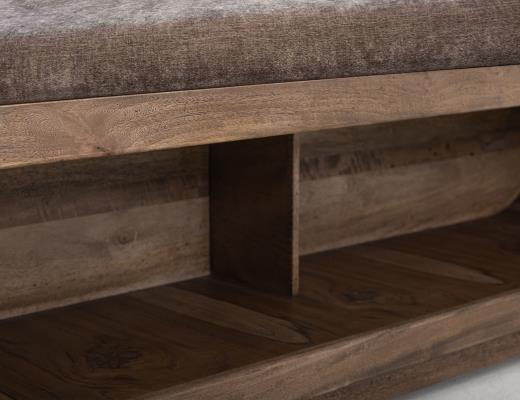 Balam, Wooden bench with a cushioned seat and open storage underneath.